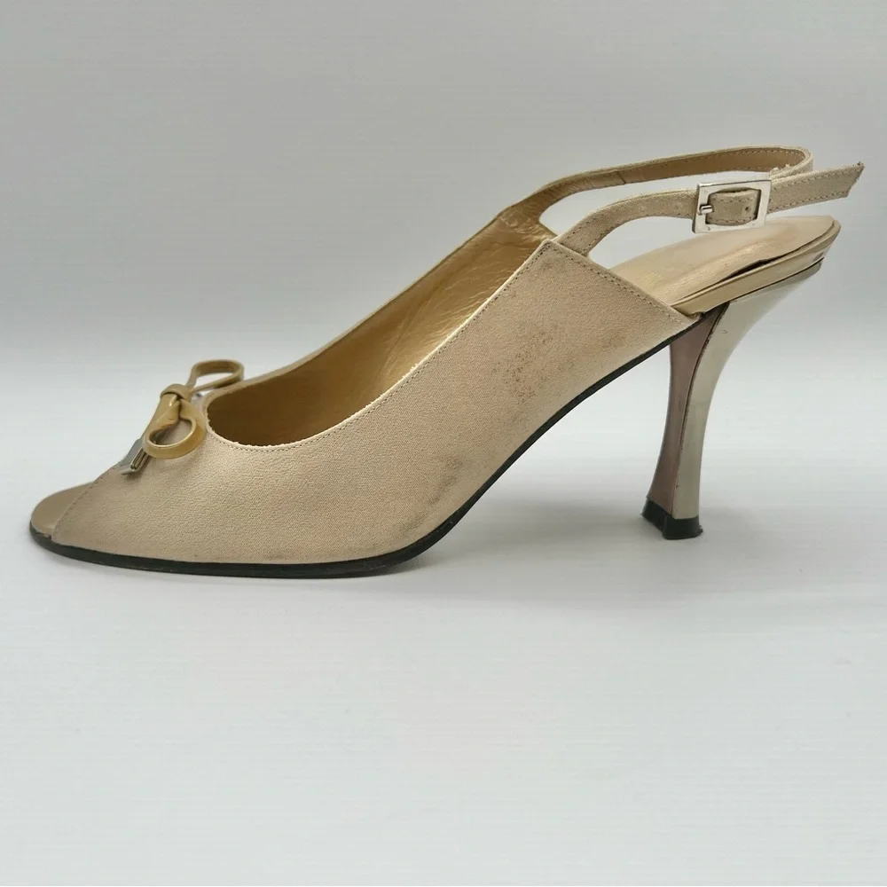 STUART WEITZMAN GOLD PUMP HEELS OPEN TOE SANDALS SLING BACK ADJUSTABLE STRAP 7M - Picture 4 of 14